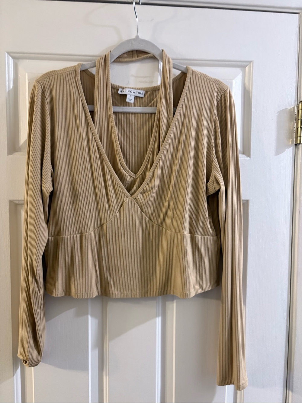 And Now This Beige Ribbed V-Neck Long Sleeve Top with Halter Top Detail